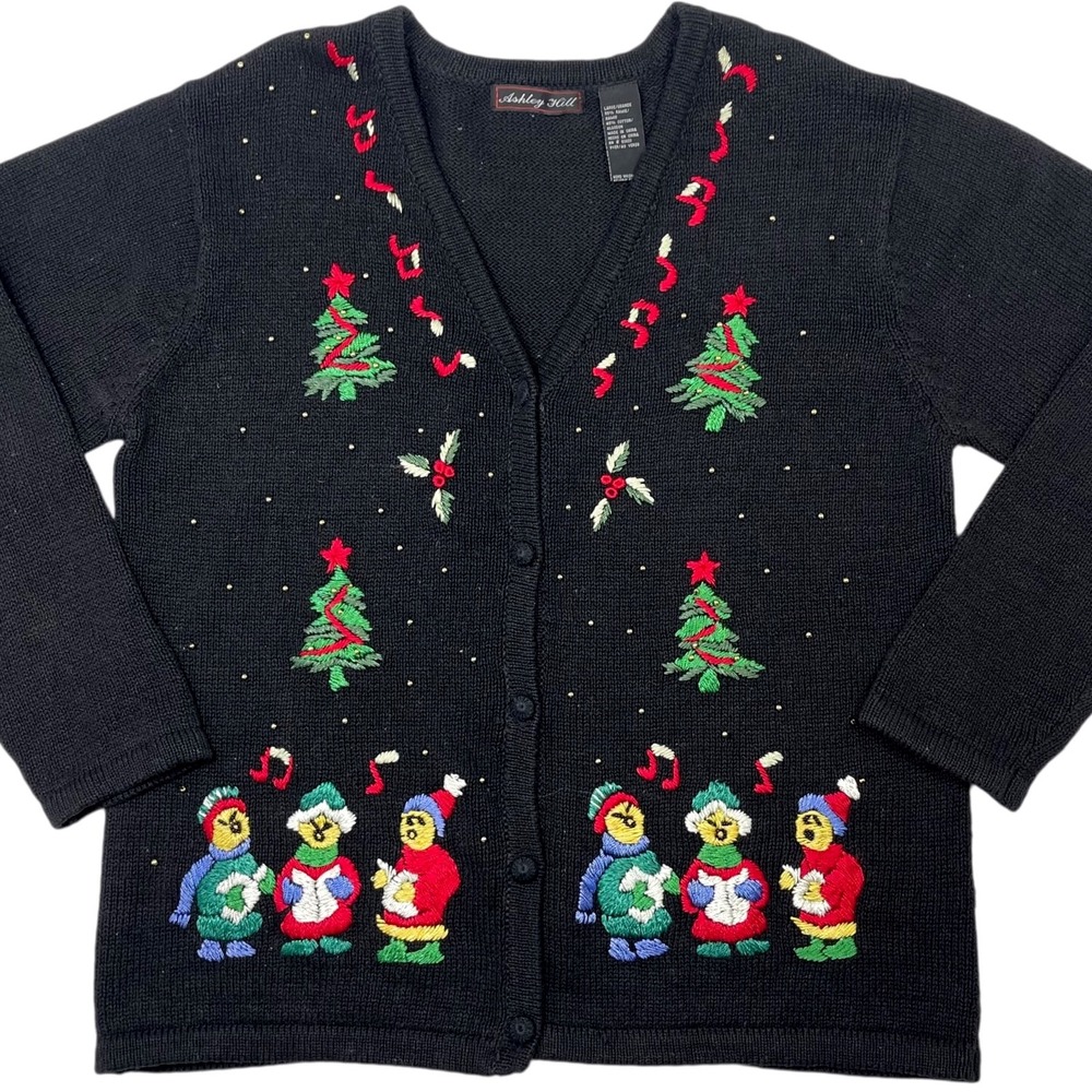 Vintage Embroidered Christmas Sweater Carolers Black Knit Cardigan Women's Lg